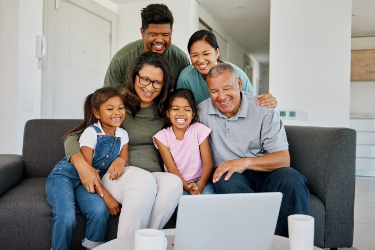 Love, smile and relax happy family with laptop streaming internet, web or funny online social media